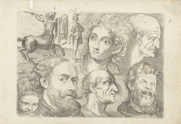 Hoja de estudio con ejemplos de dibujo: centauro, figura de pie y cabezas