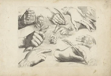 Hoja de estudio con ejemplos de dibujo: manos y retrato de Hendrick Goltzius