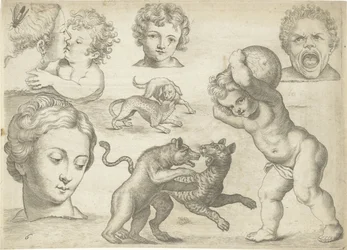 Hoja de estudio con ejemplos de dibujo: cabezas y animales de combate
Ejemplos de dibujos (título de la serie)