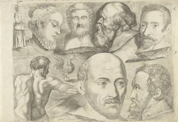 Hoja de estudio con ejemplos de dibujo: figura de pie, gallo y cabezas