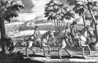 El rey Carlos II disfrazado cabalgando delante de la señora Lane, principios del siglo XVIII