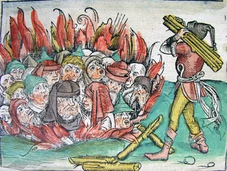 Quema de los Judíos en Deggendorf en 1338 de la Crónica del Mundo de Schedel, 1493