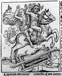 El Diablo y una Bruja yendo al Sabbat por Hartmann Schedel, Liber chronicarum, Núremberg 1493
