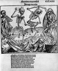 Escena de danza macabra, con esqueletos, -en 