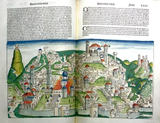 La ciudad rebelde de Jerusalén destruida por el emperador Tito, de la Crónica de Núremberg por Hartmann Schedel, impresa en 1493