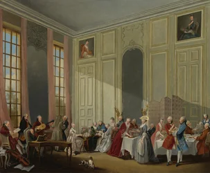 Mozart dando un concierto en el Salon des Quatre-Glaces en el Palais du Temple en la corte del Príncipe
