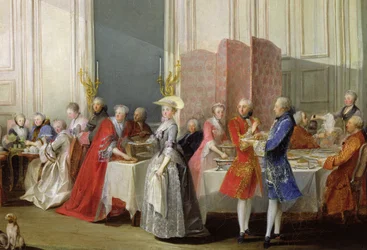Té inglés en el Salon des Quatre Glaces de la casa del príncipe de Conti (1717-76), Palais du Temple, detalle de los invitados, 1766