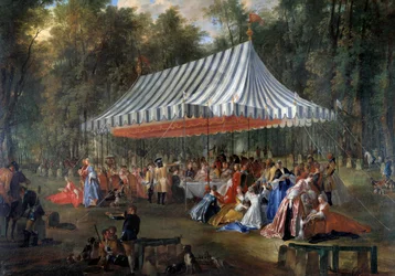 Fiesta dada por Luis Francisco José de Borbón, Príncipe de Conti, al Príncipe Heredero Carlos Guillermo Fernando de Brunswick Lüneburg, bajo la tienda, en el bosque de Cassan, en la Isla Adam en 1766 Banquete en el parque