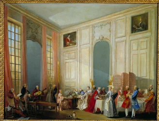 El té a la inglesa servido en el Salón de los Cuatro Espejos en el Palacio del Temple en París en 1764. El joven Wolfgang Amadeus Mozart (1756-1791) está sentado a la izquierda en el clavicémbalo en presencia de toda la corte del príncipe de Conti