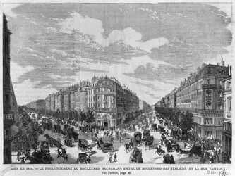 París en 1878, Boulevard Haussmann extendido entre Boulevard des Italiens y rue Taitbout, grabado por Louis Dumont (n.1822) finales del siglo XIX