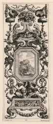 Panel ornamental coronado por una cesta de flores y una guirnalda, lámina 10 del Libro de diversas grotescas pintadas en el gabinete y baños de la Reina Regente, en el Palacio Real