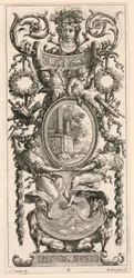 Panel ornamental coronado con una cabeza flanqueada por follaje, lámina 11 del Panel ornamental coronado con una cabeza flanqueada por follaje, del Livre de Diverses Grotesques peintes dans le Cabinet et Bains de la Reyne Regente, au Palais Royale