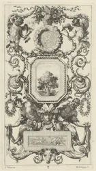 Panel Ornamental Coronado por una Cesta de Flores con Cupido e Himeneo