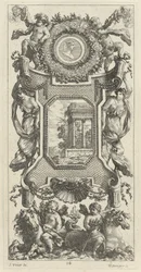 Panel ornamental coronado por un busto de una mujer y dos putti con trompetas flamígeras