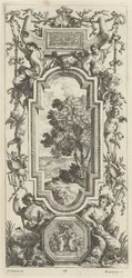 Panel ornamental coronado por una escena marítima y una concha