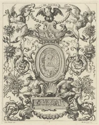 Panel ornamental coronado por un águila y el lema NATOS ET NOSTRA TUEMUR