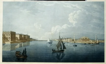 La Bolsa y el Palacio de Mármol en San Petersburgo. Descripción de las orillas del Neva. Obra de Michel Francois Damam Demartrait (1763-1827), litografía, ambientada en el