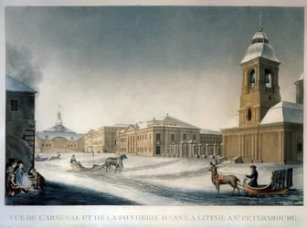 El Arsenal de San Petersburgo en la Avenida de la Fundición. Obra de Michel Francois Damam Demartrait (1763-1827). Acuarela sobre papel, ca. 1820, arte francés. Estado ruso Mu