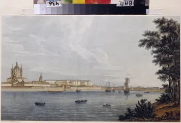 El convento de Smolny en San Petersburgo. Obra de Michel Francois Damam-Demartrait (Damam Demartrait) (1763-1827), grabado y acuarela