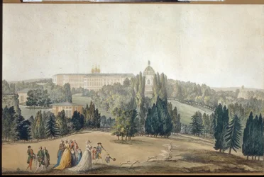 Vista de Tsarkoye Selo (San Petersburgo). Vista de Tsarkoye Selo. La emperatriz Catalina II caminando. Obra de Michel Francois Damam Demartrait (1763-1827), grabado y acuarela. Arte francés