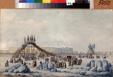Un tobogán en el Nevá durante el carnaval. Obra de Michel François Damam Demartrait (1763-1827). Acuarela y tinta sobre papel, hacia 1810, 33 x 54 cm, arte francés, clasicismo. Museo Memorial A. Pushkin