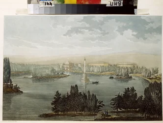 Vista de Tsarkoye Selo. Vista de Tsarkoye Selo. La columna Chesme. Obra de Michel Francois Damam Damartrait (1763-1827), grabado coloreado con acuarela