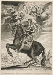 Retrato ecuestre de Luis XIII (Borbón) (1601-1603) a la edad de 33 años. El paisaje es según Callot