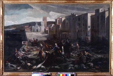El Caballero Roze desvelando la Tourette en plena peste, siglo VIII (óleo sobre lienzo)