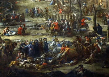 Vista del Cours Belsunce, Marsella, durante la peste de 1720, detalle que representa al cardenal de Belsunce con un grupo de cadáveres de víctimas de la peste