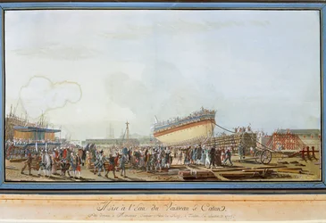 El lanzamiento del barco Le Caton en el puerto de Toulon en presencia del Conde de Provenza en julio de 1777 (gouache)