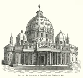 Vista del diseño de Miguel Ángel para la fachada de la Basílica de San Pedro, Roma, Italia
