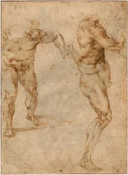 Dos estudios de desnudos de un hombre que avanza y otro que gira a la derecha