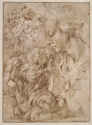 "Estudio para la Sagrada Familia con San Juan Bautista niño" Dibujo de Michelangelo Buonarroti (1475-1564) - 1505 - Pluma, pincel, tinta india sobre papel Dim 28,7x20,9 cm Staatliche Museen, Berlín