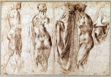 Grupo de cuatro figuras de pie y un paño