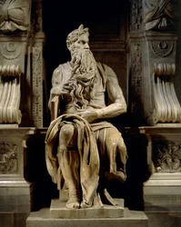 Italia, Roma, Basílica de San Pedro, Moisés, detalle de la Tumba de Julio II, circa 1515, por Miguel Ángel