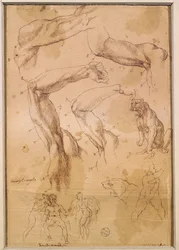 Ms H 184 fol.202 Estudios de brazos levantados, un gato salvaje y un grupo de figuras