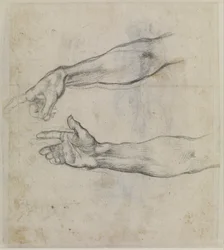 Estudios de un brazo extendido para el fresco "La embriaguez de Noé" en la Capilla Sixtina, c.1508-09 (tiza negra sobre papel)