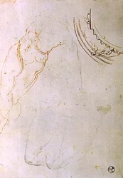 Estudio de una figura tendida con piernas cruzadas y un diseño para una luneta mostrando una figura subiendo una escalera