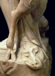 La embriaguez de Baco, detalle de la cabeza de una pantera, escultura de Miguel Ángel Buonarroti (detalle)