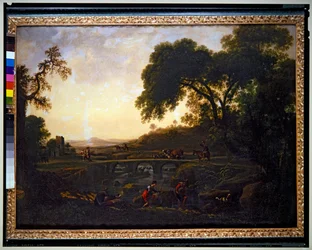 Paisaje con un puente y campesinos y vacas y cabras (lienzo)