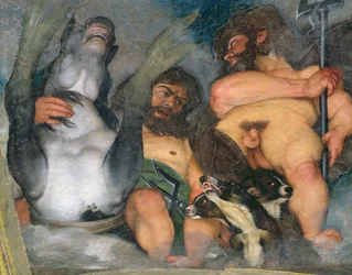 Alegoría de los elementos, el universo y los signos del zodiaco, detalle de Neptuno y Tritón con Cerbero, el perro de tres cabezas, 1597, detalle de 107109