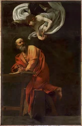 San Mateo escribiendo, inspirado por un ángel (pintura sobre lienzo)