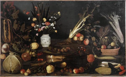 Naturaleza muerta con flores y frutas