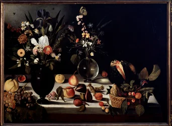 Naturaleza muerta con flores y frutas