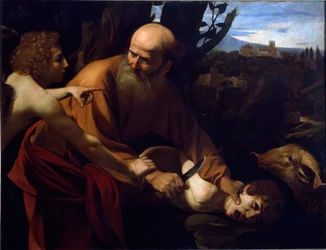 El sacrificio de Isaac. Un ángel detiene la mano de Abraham antes del sacrificio de su hijo Isaac ordenado por el Señor. Pintura de Michelangelo Merisi, llamado Caravaggio (1571-1610), 1594-1596. Dimensiones 104x135 cm. Florencia, Galleria degli Uffizi