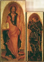 San Jaime con santos, detalle de San Jaime y San Miguel Arcángel, c.1450 (detalle)