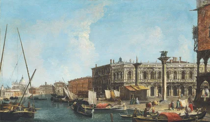 Entrada al Gran Canal de Venecia con la Piazetta y la Libreria Marciana a la derecha, la Dogana y Santa Maria della Salute a la izquierda.