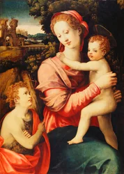 La Virgen y el Niño con el Infante San Juan Bautista, un paisaje fluvial boscoso con un palacio imaginario al fondo