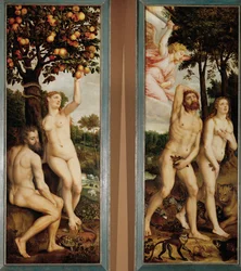 Caída y expulsión del Paraíso Dos alas de un altar (pintura sobre madera de roble)