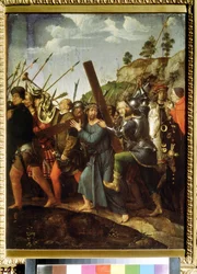 Cristo cargando la cruz. (Cristo cargando la cruz). Pintura de Michael Sittow (1460 o 1468-1525). Óleo sobre lienzo, 37,5 x 28,3 cm, hacia 1518-1525. Arte holandés, renacimiento. Museo Pushkin de Bellas Artes, Moscú.